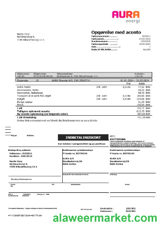 Denmark AURA Energi business utility bill template in Word and PDF formats